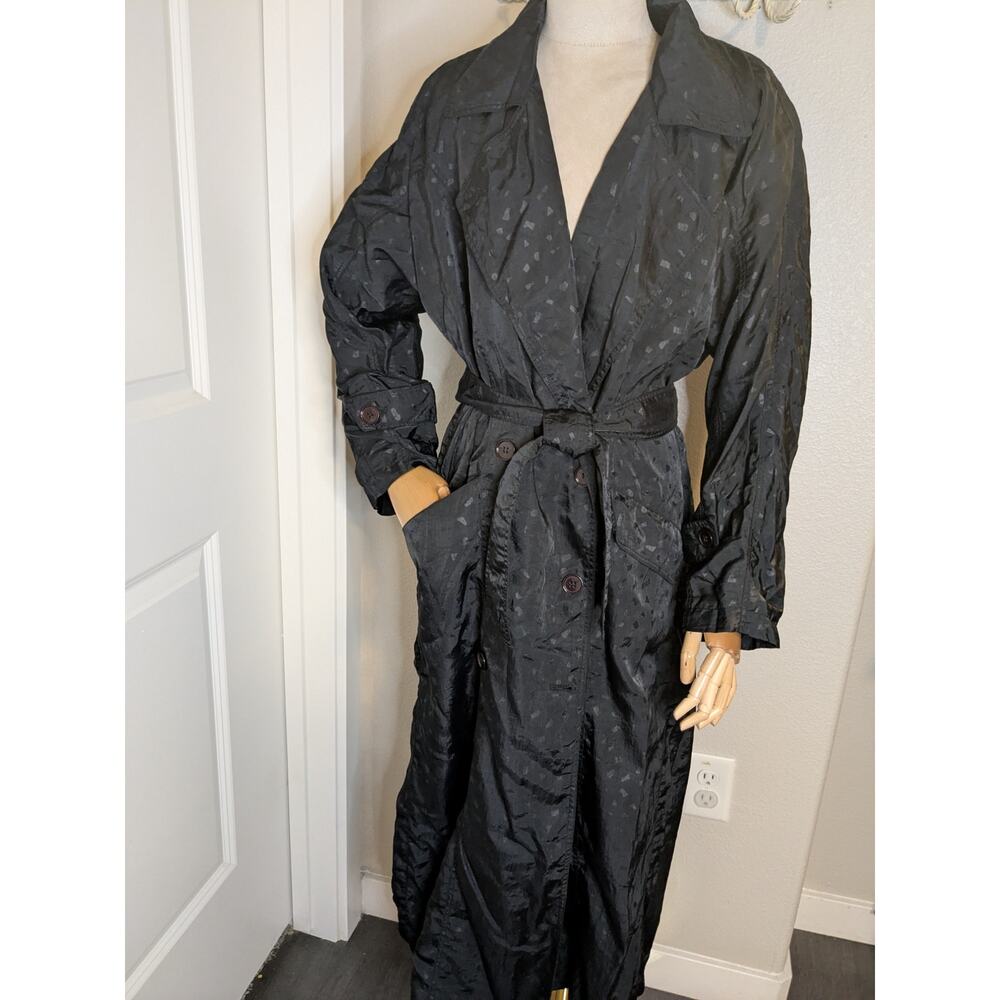 Vintage 80s Long Black Trench Coat Belted New Wave Parachute Climate Zone SZ 6
